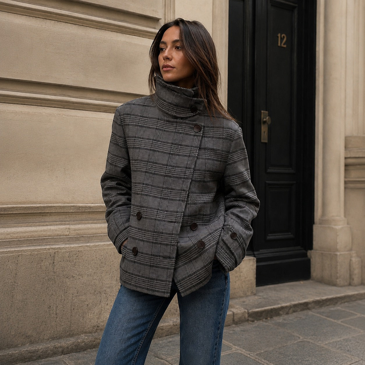 Chaqueta Nolene™ con Cuello Alto Estructurado, Cierre Cruzado y Estampado de Cuadros