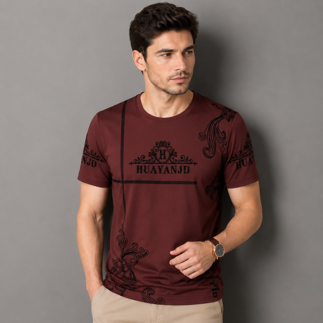 Camiseta Vittore™ con Estampado Ornamental, Cuello Redondo y Tejido Ligero