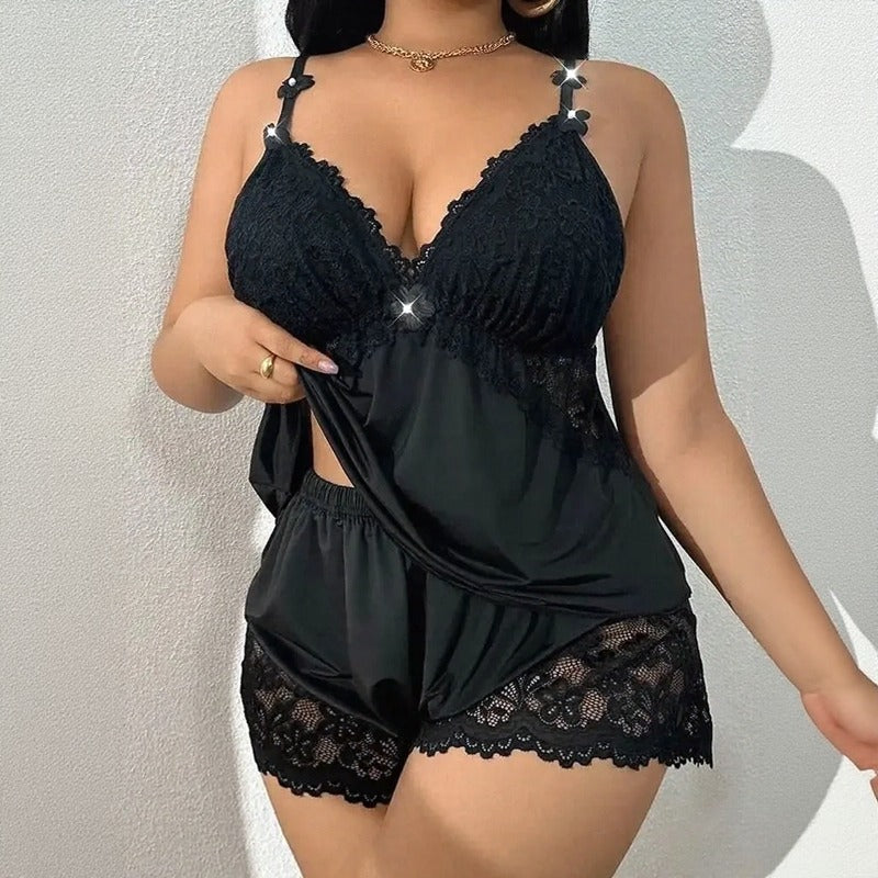 Conjunto Amara™ Con Camisón Baby Doll Y Shorts Con Ribete De Encaje