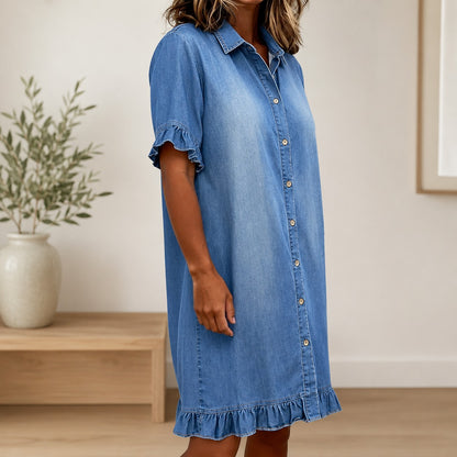 Vestido Camisero Mireya™ en Denim con Mangas Cortas y Volantes