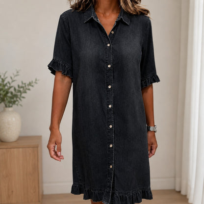 Vestido Camisero Mireya™ en Denim con Mangas Cortas y Volantes