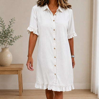 Vestido Camisero Mireya™ en Denim con Mangas Cortas y Volantes