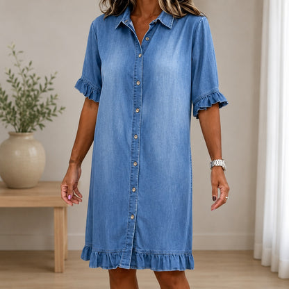Vestido Camisero Mireya™ en Denim con Mangas Cortas y Volantes