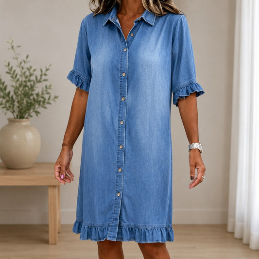 Vestido Camisero Mireya™ en Denim con Mangas Cortas y Volantes