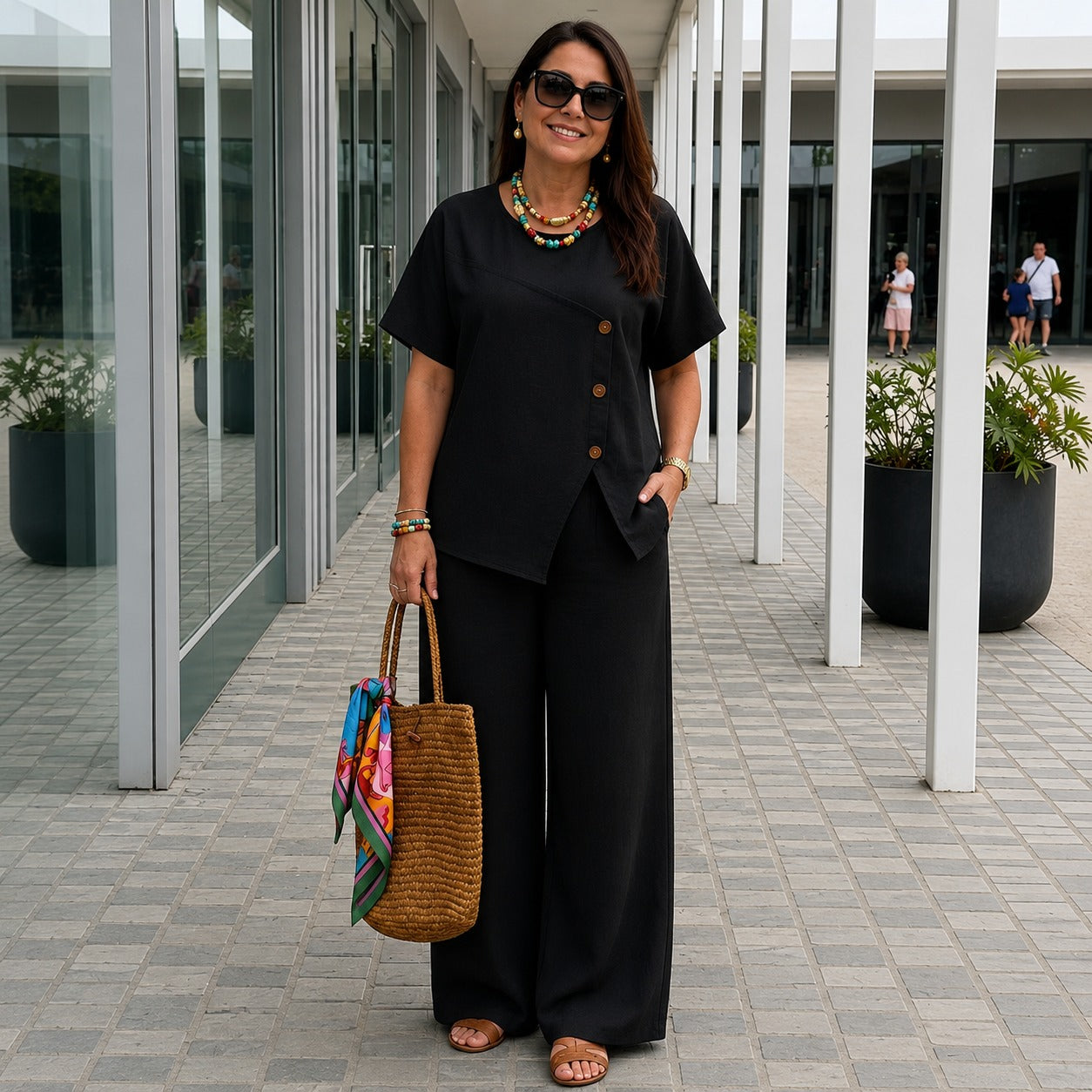 Conjunto Savena™ con Blusa de Diseño Asimétrico y Botones Frontales, Pantalón Palazzo de Tiro Alto