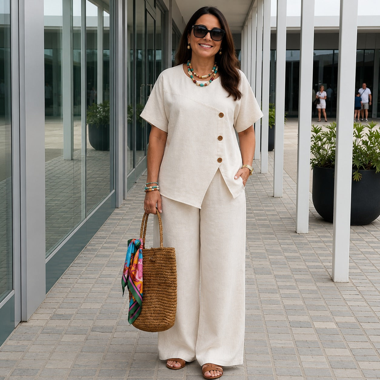 Conjunto Savena™ con Blusa de Diseño Asimétrico y Botones Frontales, Pantalón Palazzo de Tiro Alto