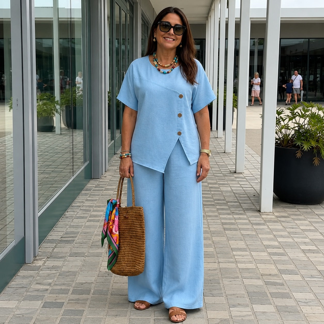 Conjunto Savena™ con Blusa de Diseño Asimétrico y Botones Frontales, Pantalón Palazzo de Tiro Alto