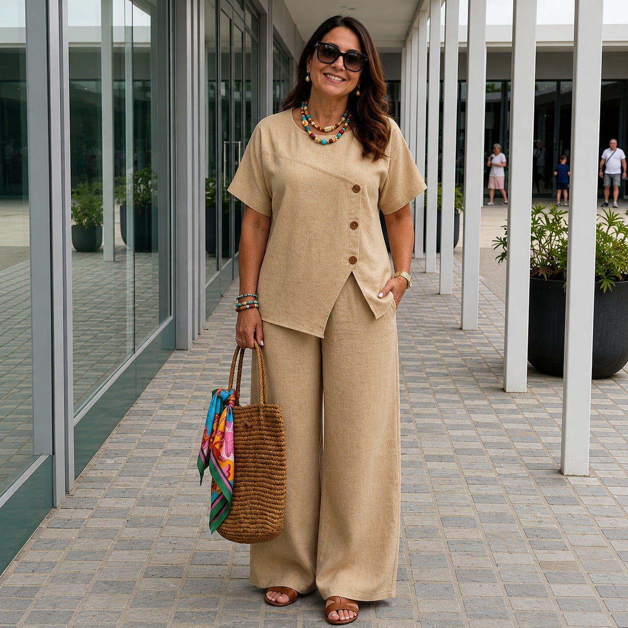 Conjunto Savena™ con Blusa de Diseño Asimétrico y Botones Frontales, Pantalón Palazzo de Tiro Alto