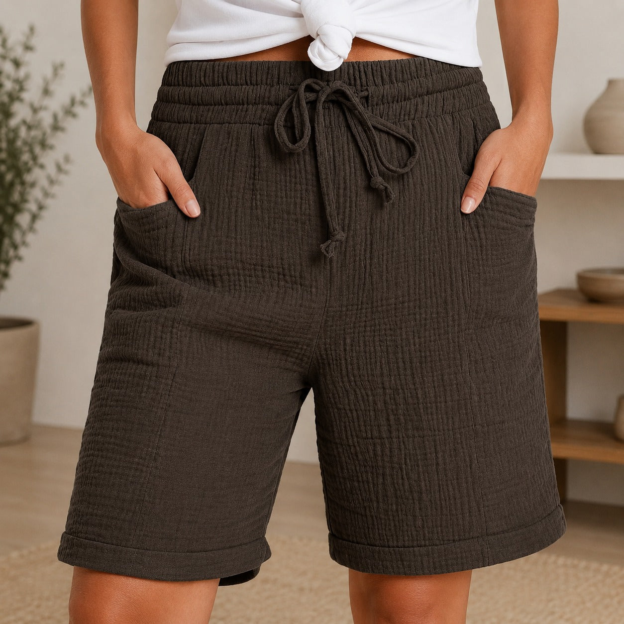 Shorts Lorea™ con Algodón Texturizado y Cintura Alta