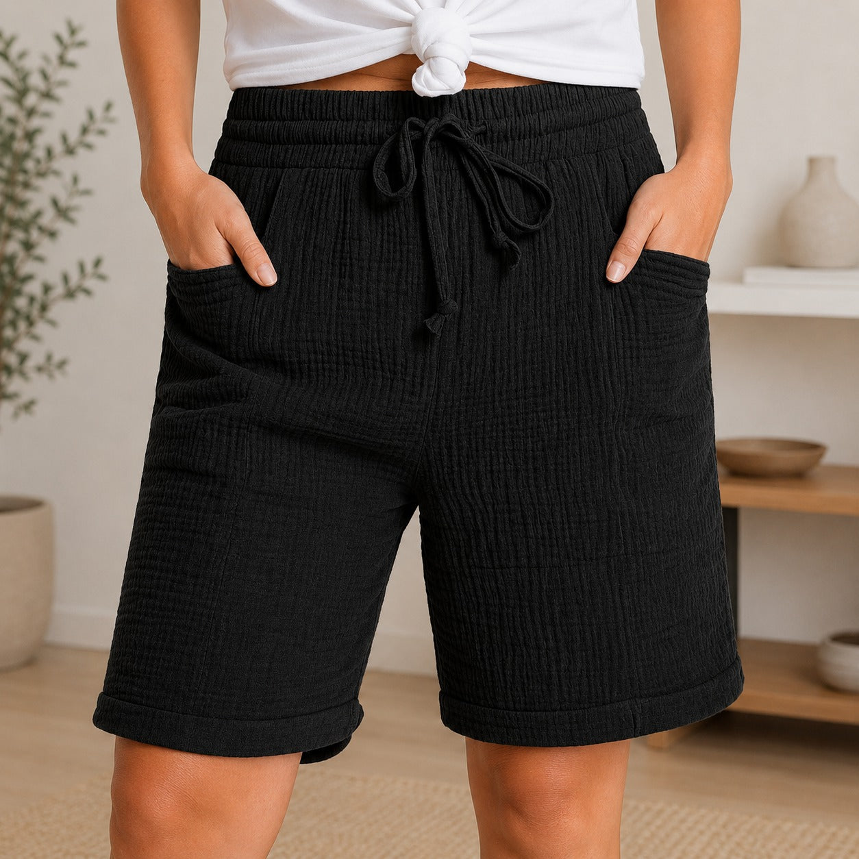 Shorts Lorea™ con Algodón Texturizado y Cintura Alta