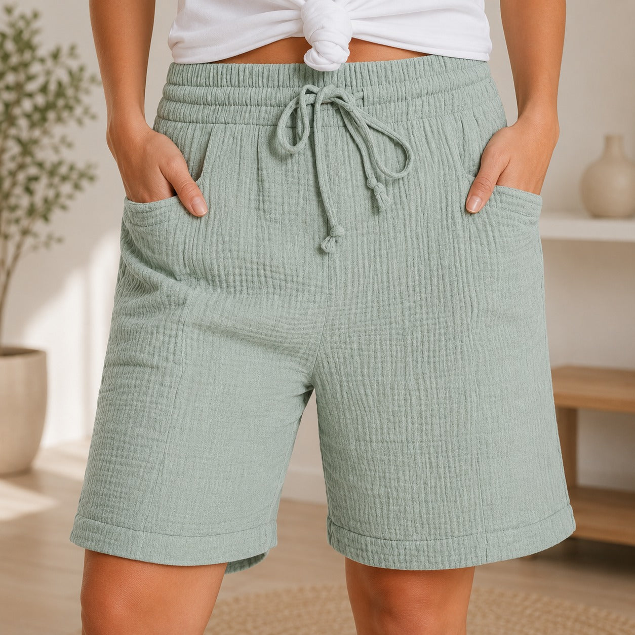 Shorts Lorea™ con Algodón Texturizado y Cintura Alta