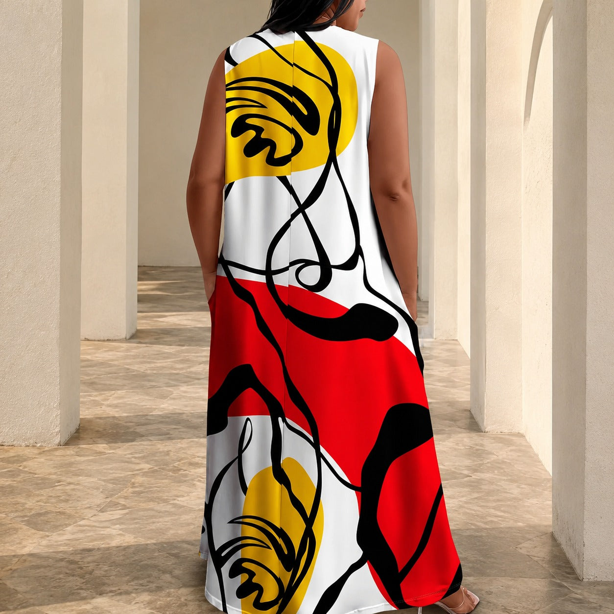 Vestido Solenne™ con Estampado Artístico, Escote V y Caída Fluida