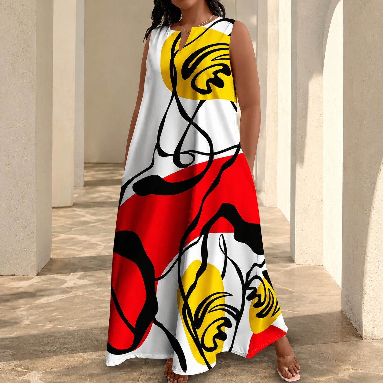 Vestido Solenne™ con Estampado Artístico, Escote V y Caída Fluida