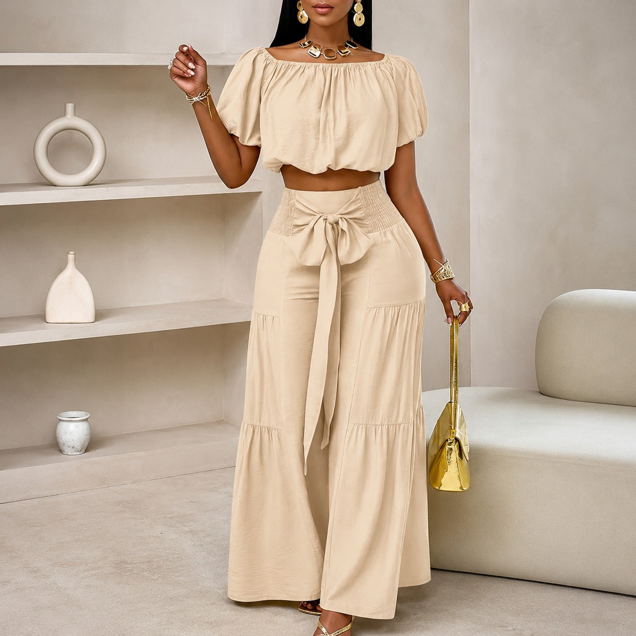 Conjunto Marella™ con Top de Hombros Descubiertos, Pantalón de Pierna Ancha y Lazo en la Cintura
