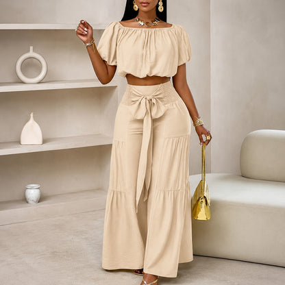 Conjunto Marella™ con Top de Hombros Descubiertos, Pantalón de Pierna Ancha y Lazo en la Cintura
