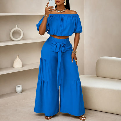 Conjunto Marella™ con Top de Hombros Descubiertos, Pantalón de Pierna Ancha y Lazo en la Cintura