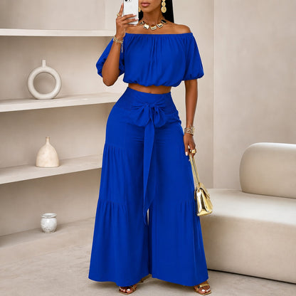 Conjunto Marella™ con Top de Hombros Descubiertos, Pantalón de Pierna Ancha y Lazo en la Cintura
