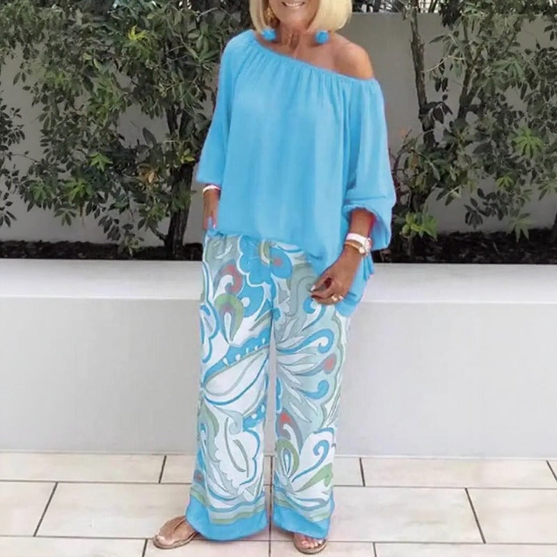 Conjunto Azzura™ Con Top De Hombros Descubiertos Y Pantalón Palazzo Estampado