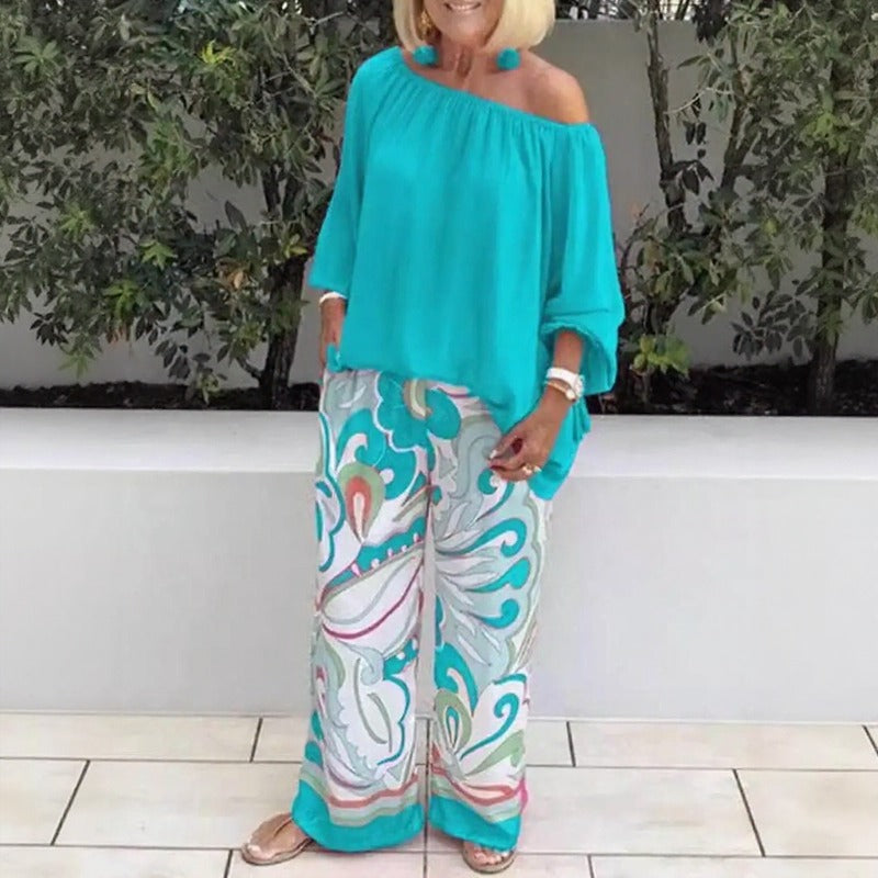 Conjunto Azzura™ Con Top De Hombros Descubiertos Y Pantalón Palazzo Estampado