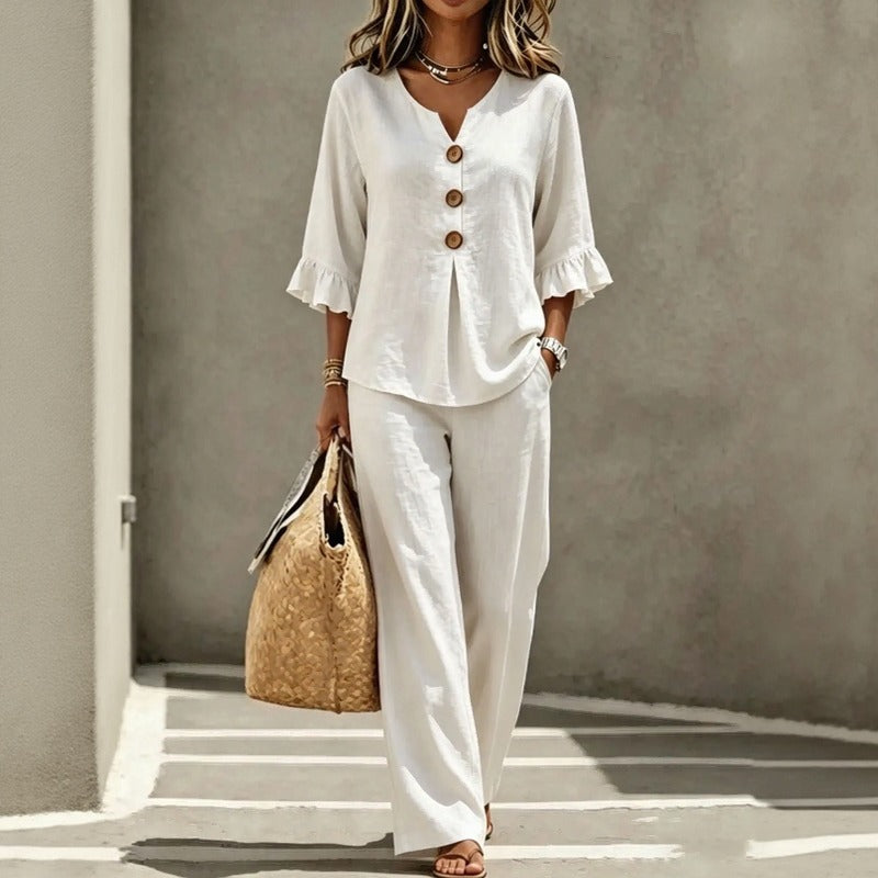 Conjunto Carmelle™ Con Camisa De Botones, Mangas Con Volantes Y Pantalón Palazzo