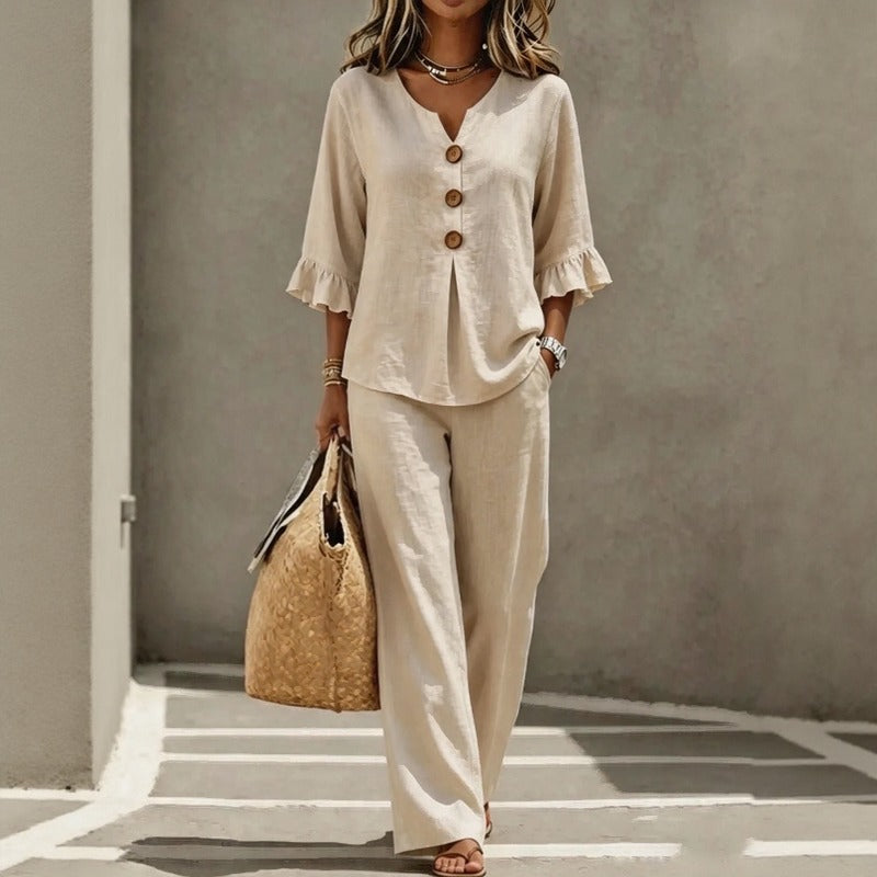 Conjunto Carmelle™ Con Camisa De Botones, Mangas Con Volantes Y Pantalón Palazzo