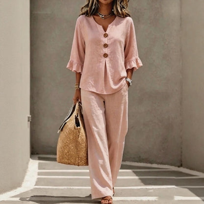 Conjunto Carmelle™ Con Camisa De Botones, Mangas Con Volantes Y Pantalón Palazzo