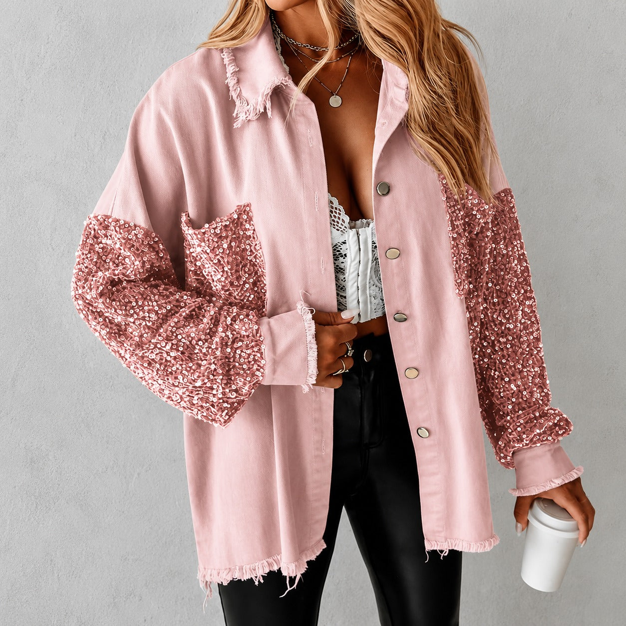 Chaqueta Maelia™ con Mangas y Bolsillo de Lentejuelas y Bordes Deshilachados