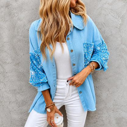 Chaqueta Maelia™ con Mangas y Bolsillo de Lentejuelas y Bordes Deshilachados