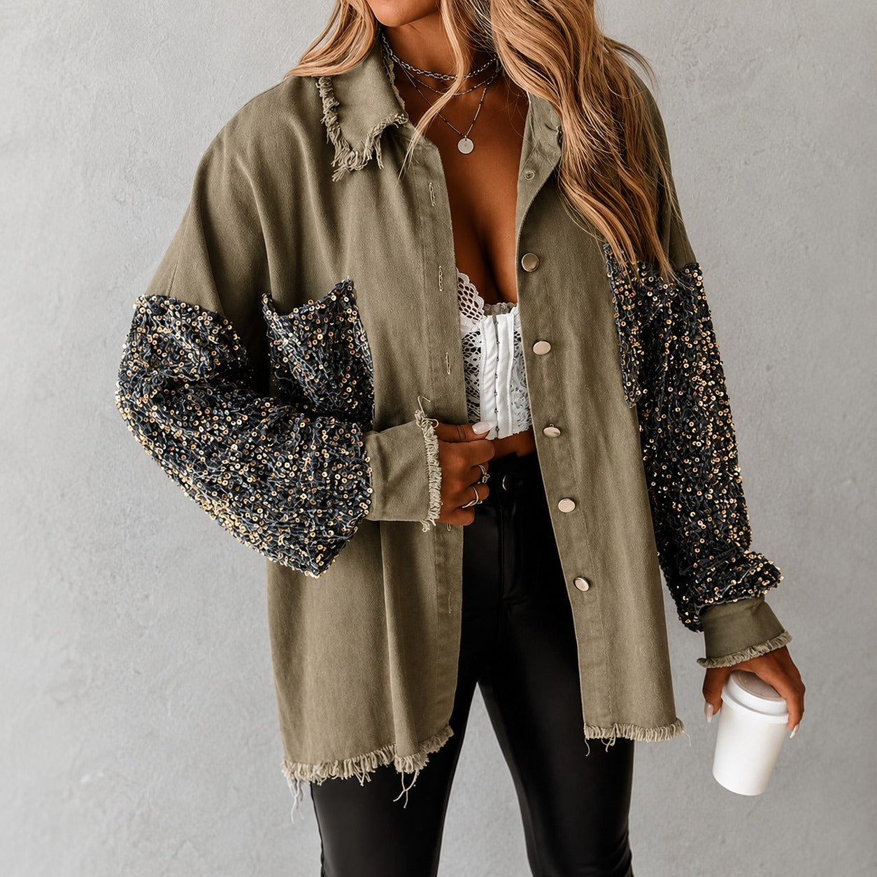 Chaqueta Maelia™ con Mangas y Bolsillo de Lentejuelas y Bordes Deshilachados