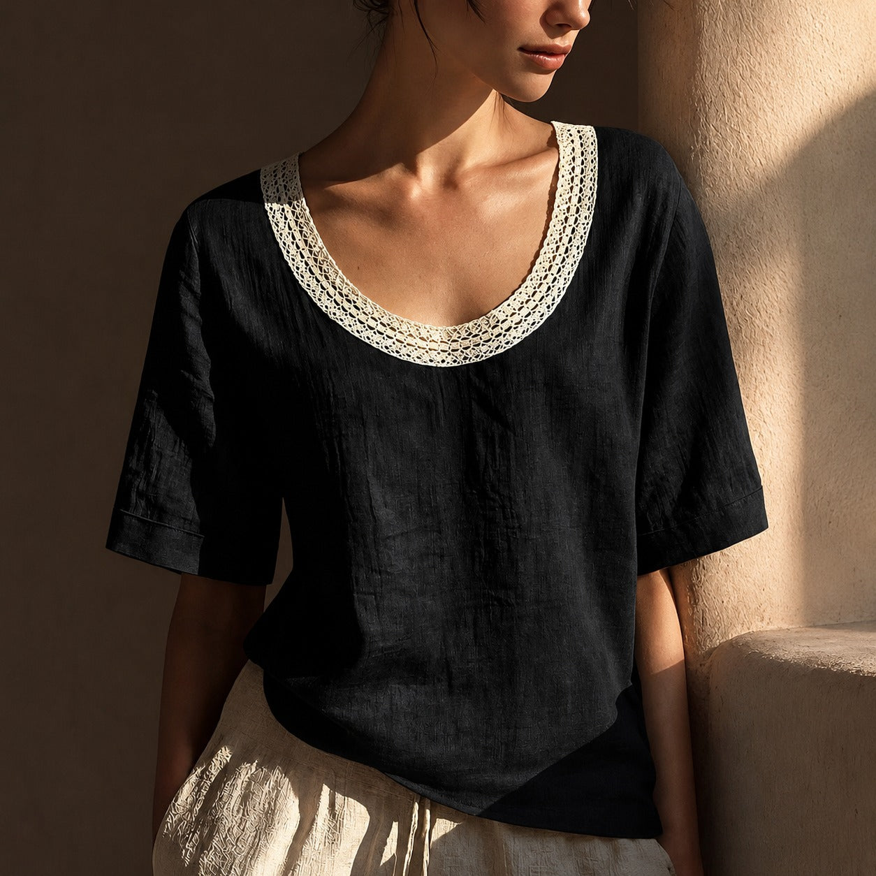 Blusa Lina™ con Mezcla de Lino-Algodón y Escote de Crochet