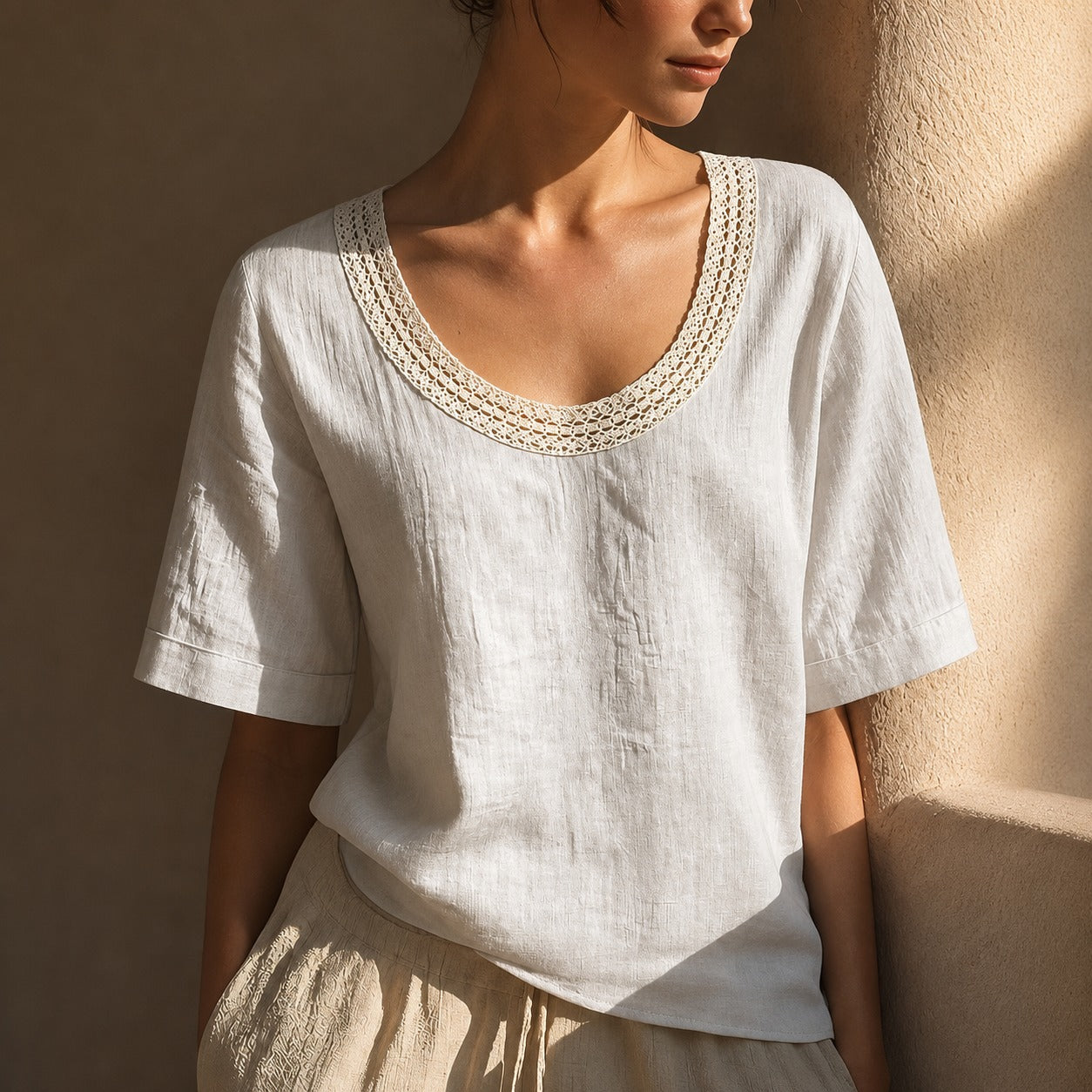 Blusa Lina™ con Mezcla de Lino-Algodón y Escote de Crochet