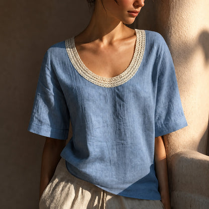 Blusa Lina™ con Mezcla de Lino-Algodón y Escote de Crochet
