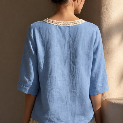 Blusa Lina™ con Mezcla de Lino-Algodón y Escote de Crochet