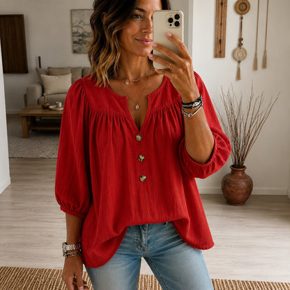 Blusa Maristela™ con Mangas 3/4 Abullonadas y Botones Frontales