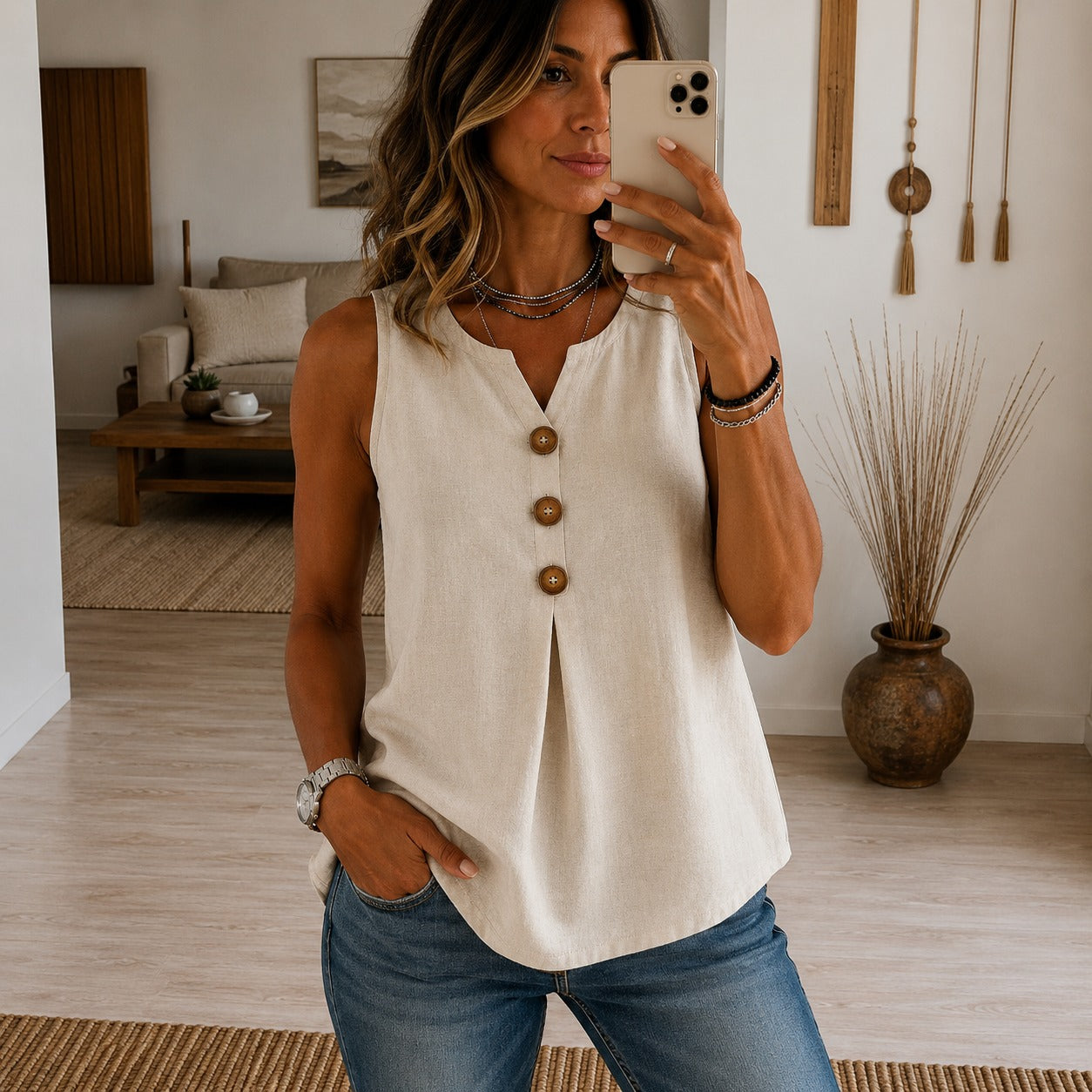 Blusa Noelia™ sin Mangas con Escote en V y Botones Frontales Decorativos