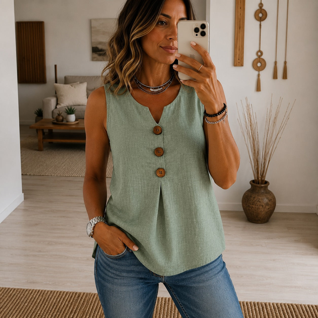 Blusa Noelia™ sin Mangas con Escote en V y Botones Frontales Decorativos