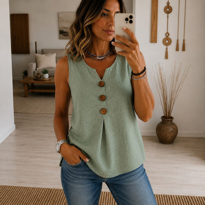Blusa Noelia™ sin Mangas con Escote en V y Botones Frontales Decorativos