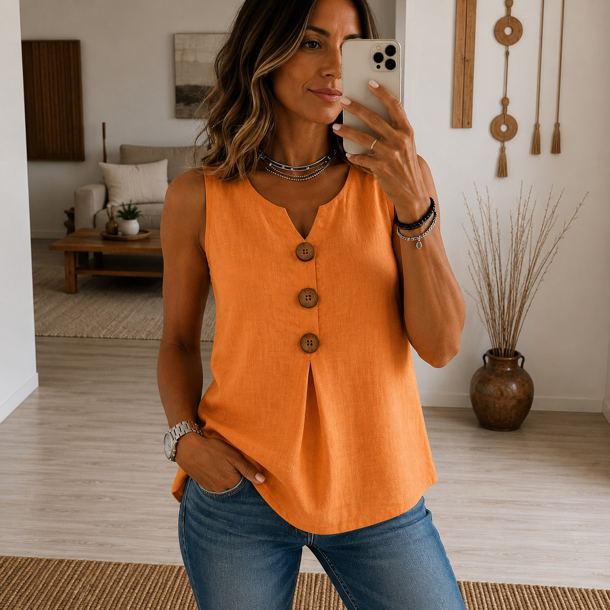 Blusa Noelia™ sin Mangas con Escote en V y Botones Frontales Decorativos