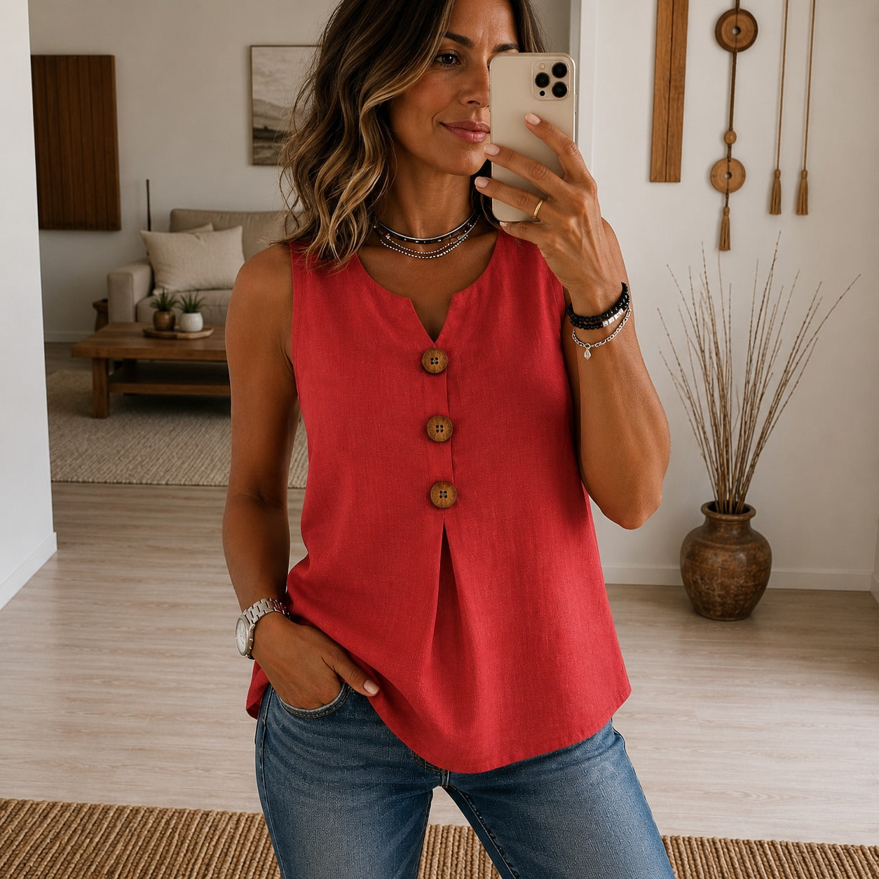 Blusa Noelia™ sin Mangas con Escote en V y Botones Frontales Decorativos