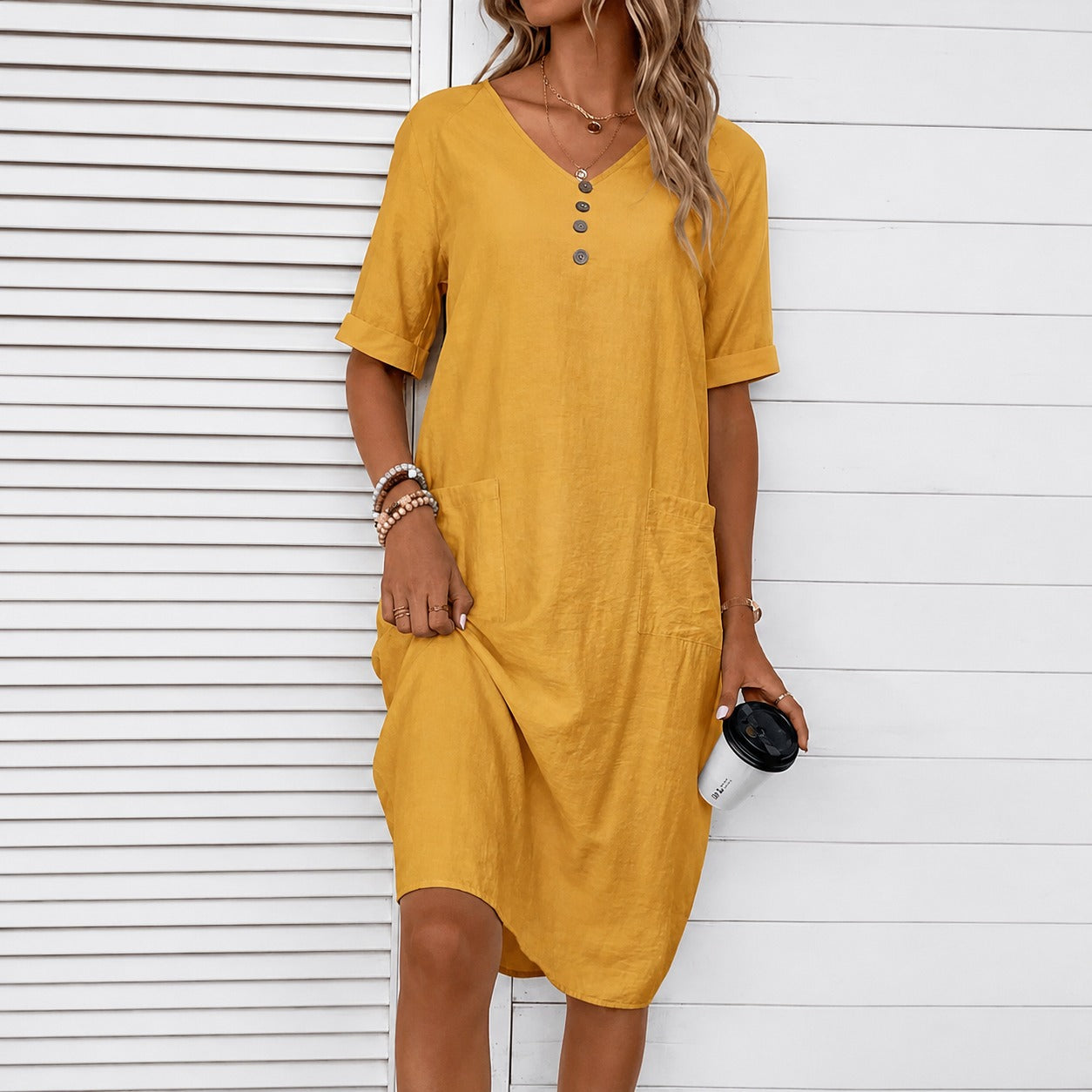 Vestido Midi Calia™ con Bolsillos Frontales y Estilo Minimalista