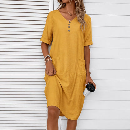 Vestido Midi Calia™ con Bolsillos Frontales y Estilo Minimalista