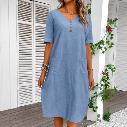 Vestido Midi Calia™ con Bolsillos Frontales y Estilo Minimalista
