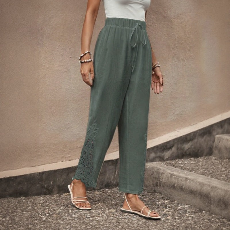 Pantalón Vionna™ De Caída Ligera Con Bordado Calado En El Bajo