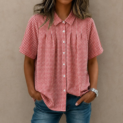 Camisa Celia™ con Estampado de Cuadros Vichy, Pliegues Frontales y Corte Amplio