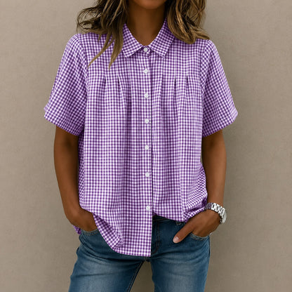 Camisa Celia™ con Estampado de Cuadros Vichy, Pliegues Frontales y Corte Amplio