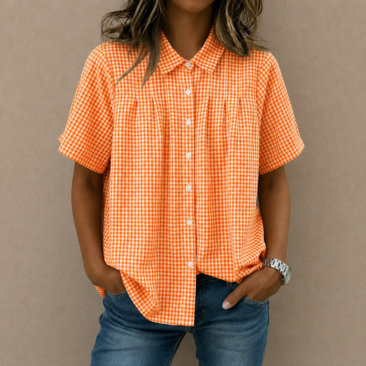 Camisa Celia™ con Estampado de Cuadros Vichy, Pliegues Frontales y Corte Amplio