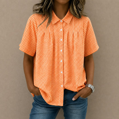 Camisa Celia™ con Estampado de Cuadros Vichy, Pliegues Frontales y Corte Amplio