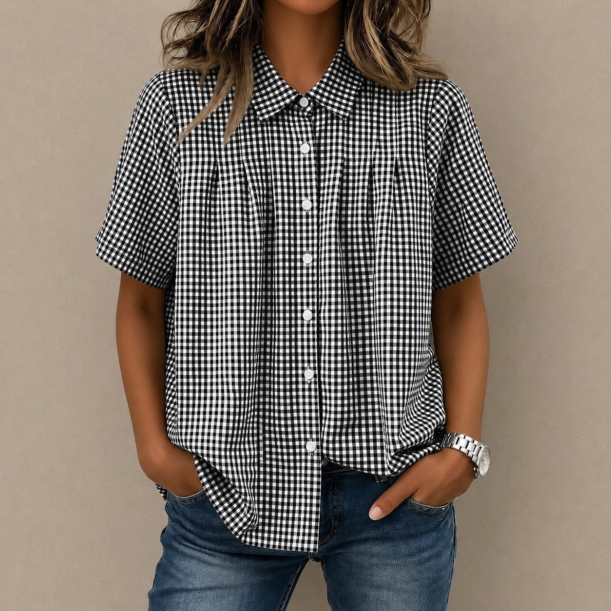 Camisa Celia™ con Estampado de Cuadros Vichy, Pliegues Frontales y Corte Amplio
