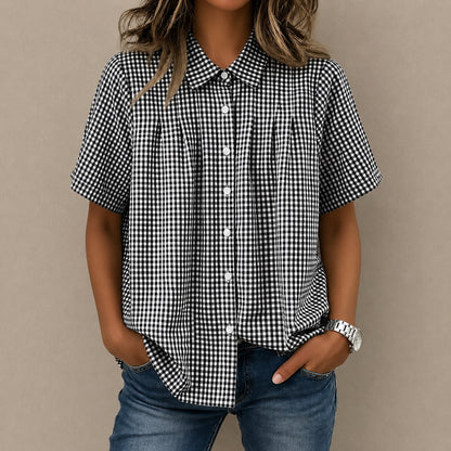 Camisa Celia™ con Estampado de Cuadros Vichy, Pliegues Frontales y Corte Amplio