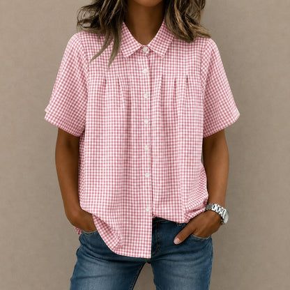 Camisa Celia™ con Estampado de Cuadros Vichy, Pliegues Frontales y Corte Amplio